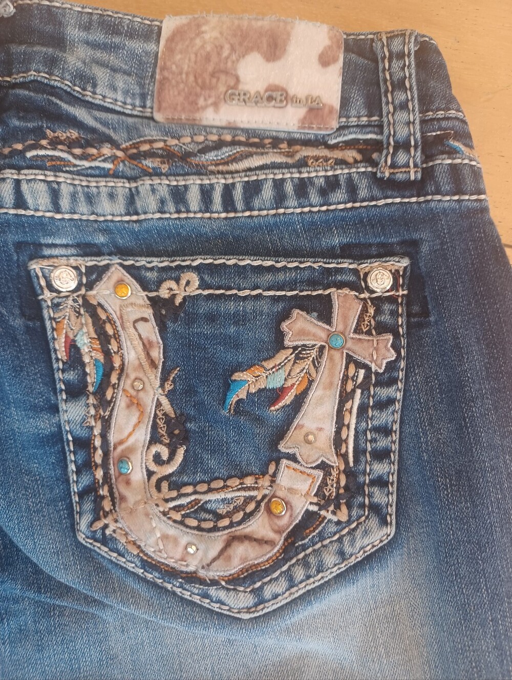 💙🐴🤎GRACE in LA FAUX COWHIDE HORSESHOE TURQUOISE BOOTCUT JEANS 29x32